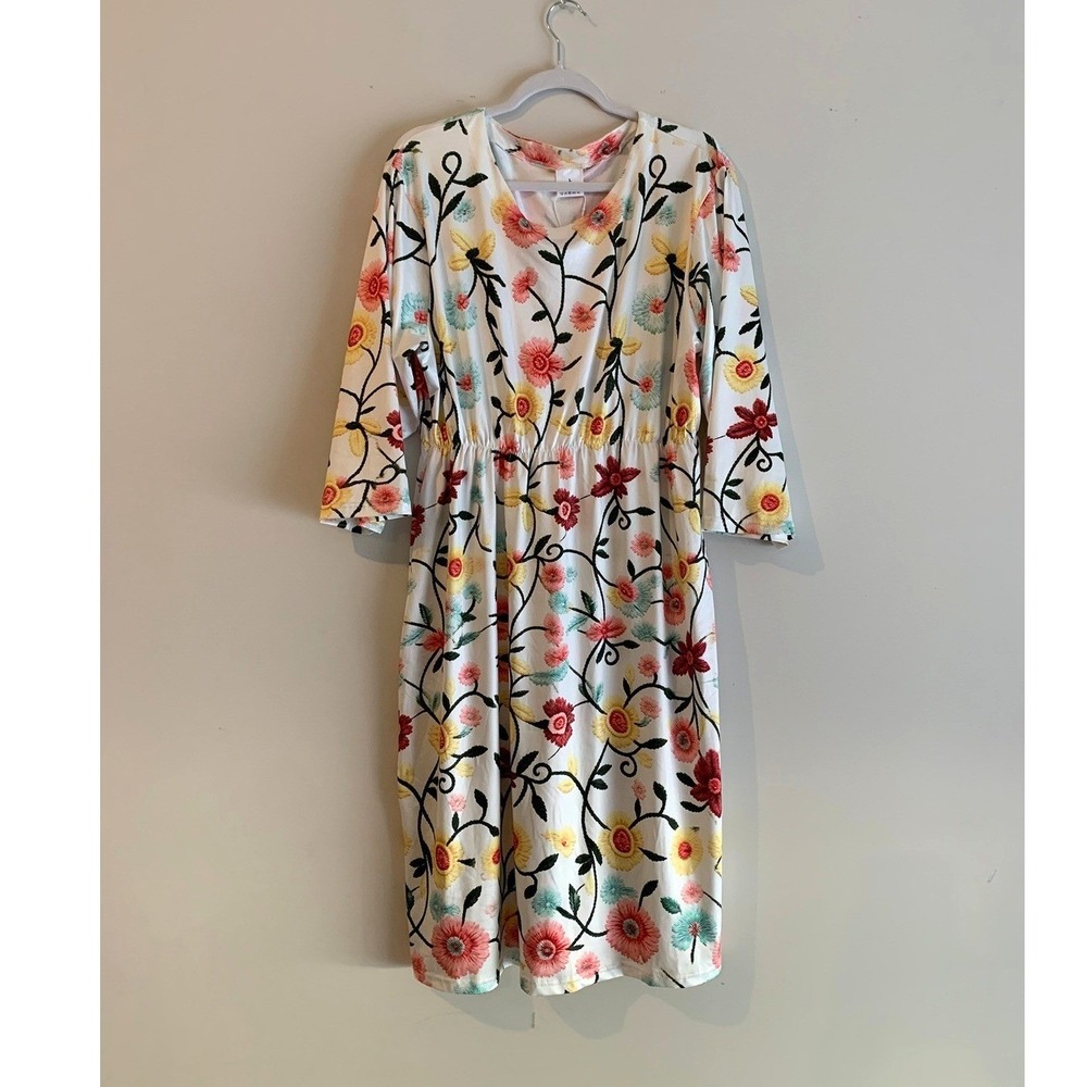 Avery & Maren Floral Midi Cottage Dress L White V-Neck 3/4 Sleeve New Boho